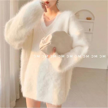 Lazy style sweater for women, mid-length autumn and winter outer wear, white mink velvet, high-end interior, trendy v-neck knitted top