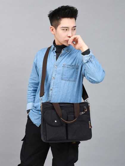 新款简约复古帆布包男款手提商务公文包百搭潮时尚休闲单肩斜挎包