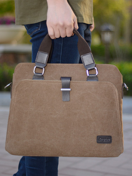 男士手提包时尚休闲帆布包简约商务公文包单肩斜挎包复古潮流男包
