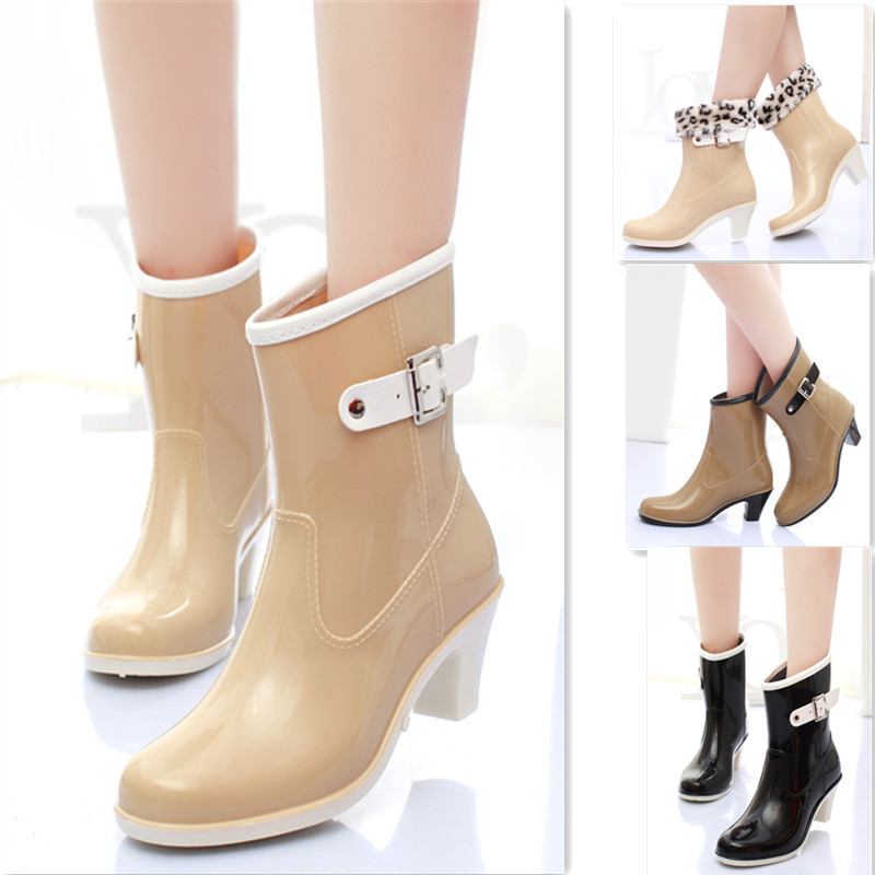 Korean Spring and Summer Women's Short Rain Boots with High Heels, Removable Cotton Lining, Non-Slip Wedge Rubber Shoes, Casual Single Rain Shoes