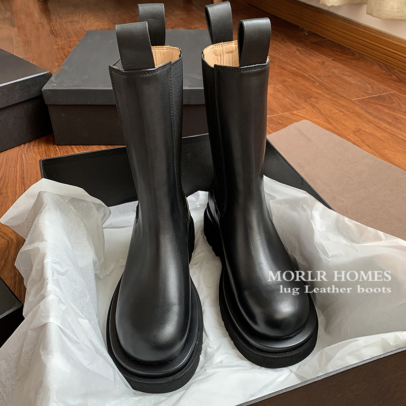 Bvsonger Genuine Leather Martin Boots for Women, British Style Mid-Calf Thick-Soled Chelsea Short Boots, Slimming Chimney Boots