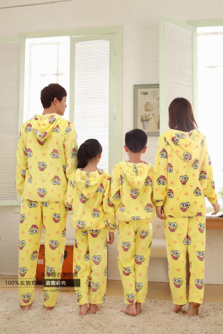 Mùa đông dày flannel cha mẹ-con đôi đồ ngủ gia đình phim hoạt hình xốp bé san hô lông cừu nhà dịch vụ phù hợp đồ đôi nam nữ