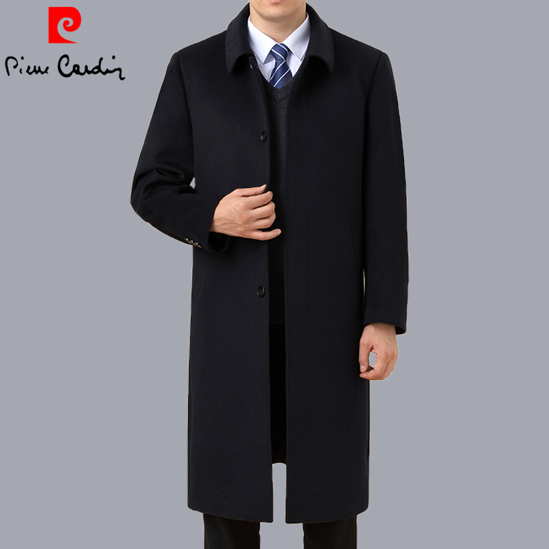 Pierre Cardin cashmere windbreaker men's long over-the-knee coat thickened autumn and winter dad wear middle-aged woolen coat