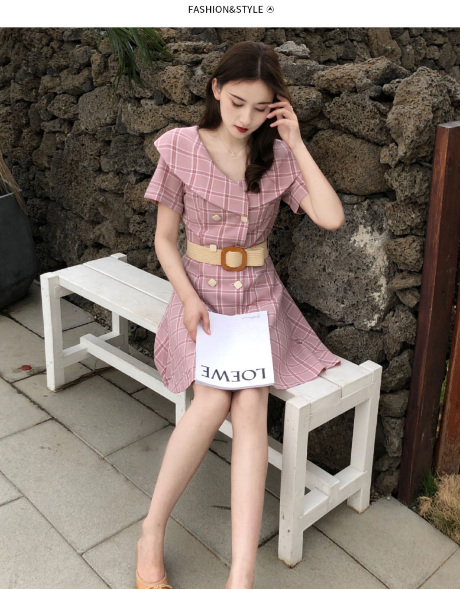 VK旗艦店 韓系復古雙排扣娃娃領黃色格子收腰短袖洋裝