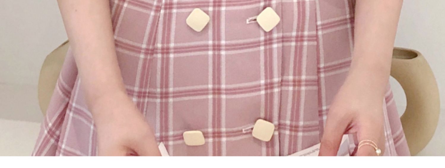 VK旗艦店 韓系復古雙排扣娃娃領黃色格子收腰短袖洋裝