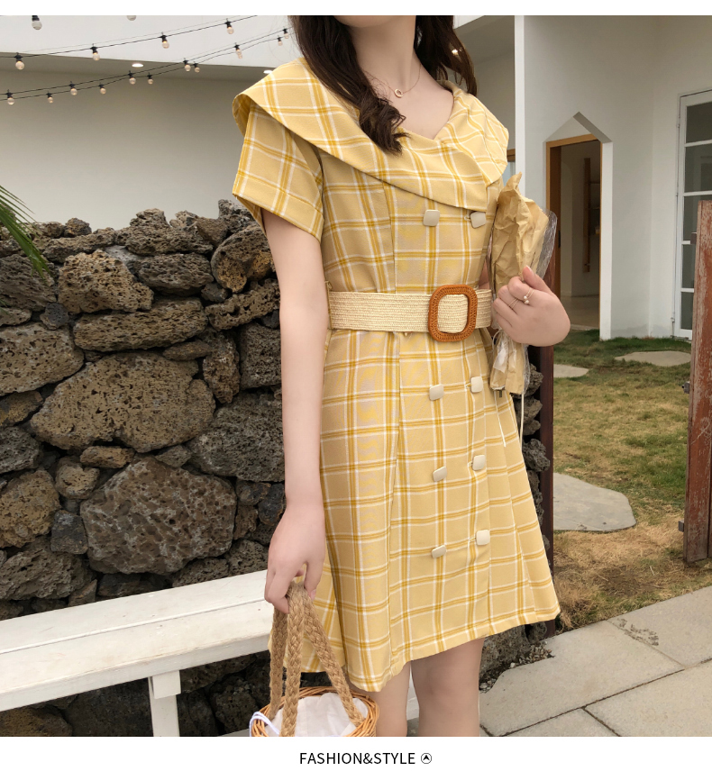 VK旗艦店 韓系復古雙排扣娃娃領黃色格子收腰短袖洋裝