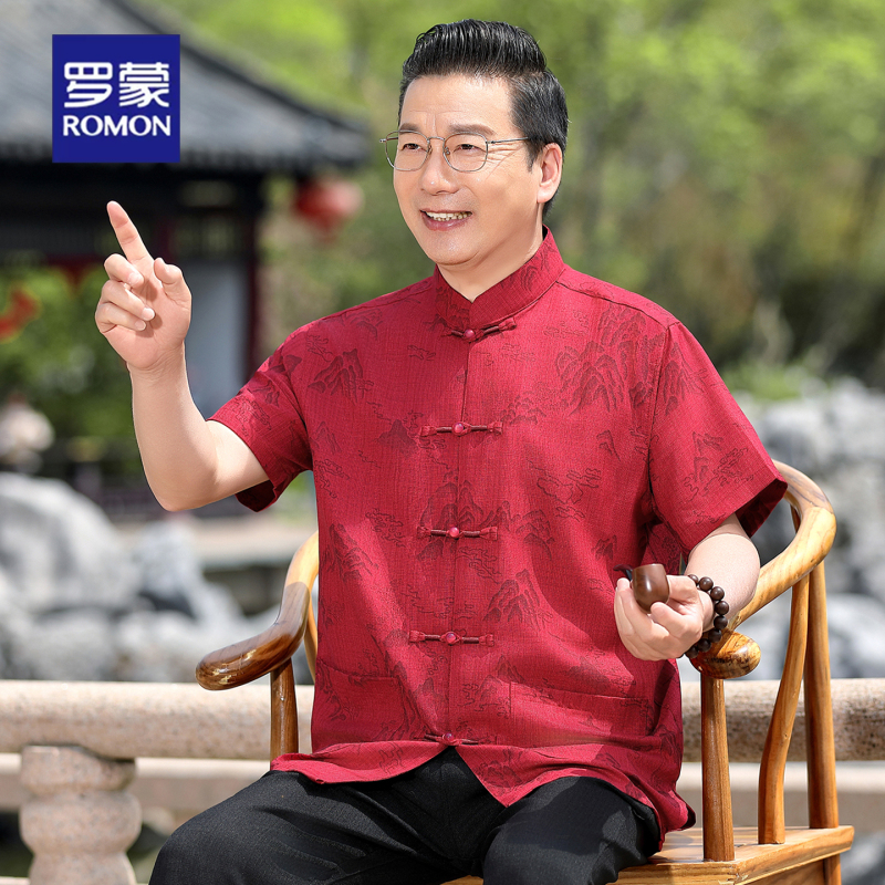 Romon Middle-Aged and Elderly Men's Tang Suit Summer Stand-Up Collar Buttoned Red Chinese Style Dad Outfit Casual Thin Two-Piece Set Romon Middle-Aged and Elderly Men's Tang Suit Summer Stand-Up Collar Buttoned Red Chinese Style Dad Outfit Casual Thin Two-Piece Set
