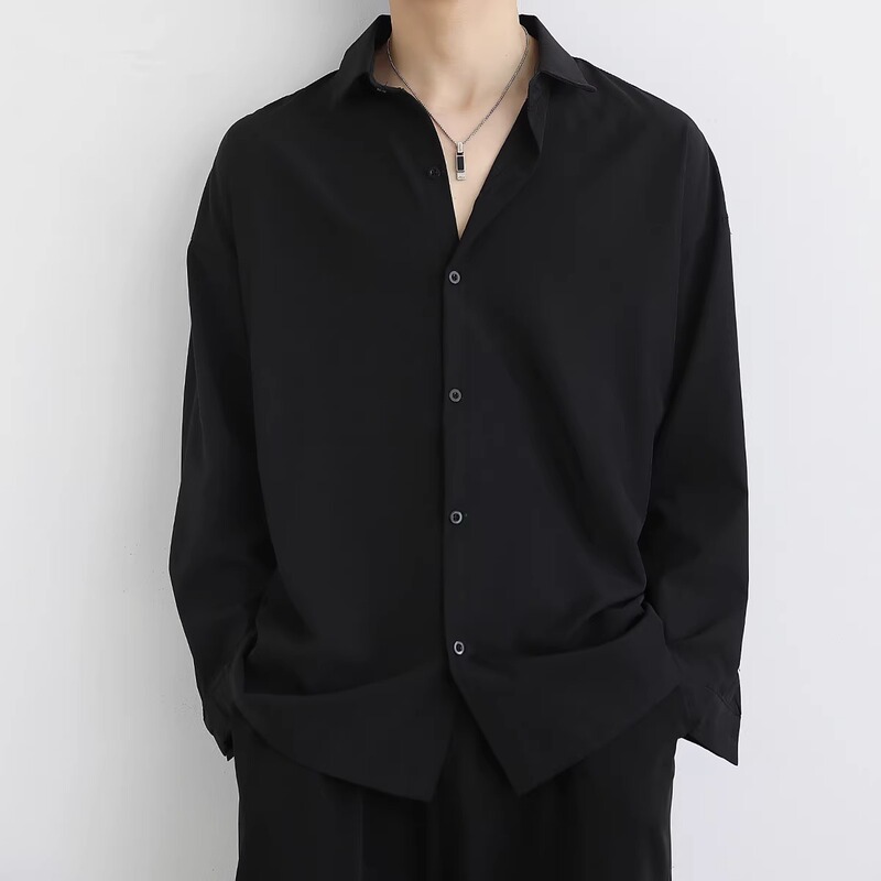 Extra Large Size 150kg Long-Sleeved Shirt for Men, Drapey Ice Silk Solid Color Casual Black Shirt, Plus Size Loose Stretch Men's Clothing
