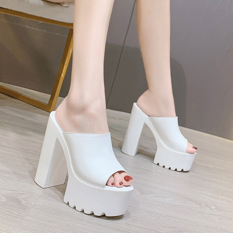 14cm Ultra-High Heels, Thick-Heeled Sandals, Waterproof Platform, Thick-Soled Fish-Mouth Shoes, Nightclub Sexy White Leather Fashion Women's Shoes