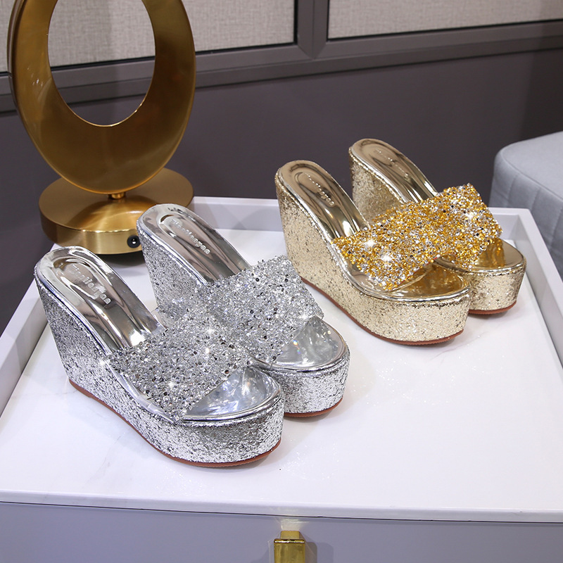 11cm Wedge Heel Ultra-High Heel Sandals Platform Thick-Soled Gold Wedding Shoes Silver Sequin Women's Shoes with Internal Height Increase Non-Slip Slippers