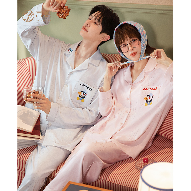 Gongdie【Light and Soft】Sweetheart Penguin Couple Pajamas Women's Spring and Autumn Style Pure Cotton Long Sleeve Men's Homewear Set