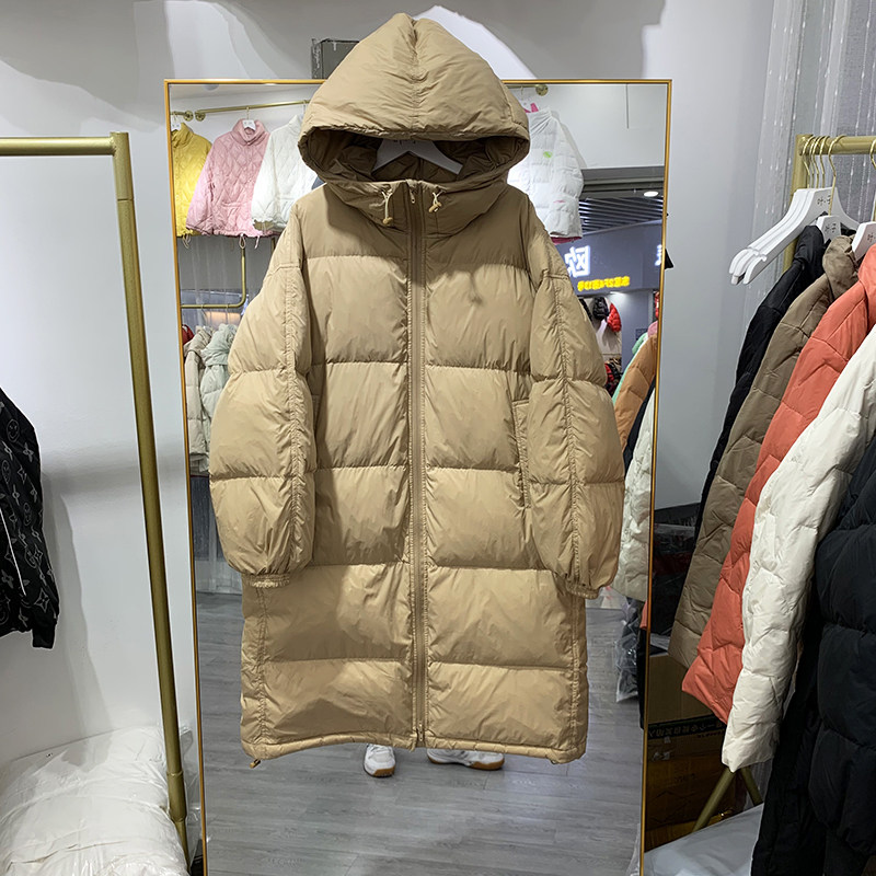 Anti-season clearance down jacket women's long 2021 new knee loose hooded thick white duck down bread jacket winter