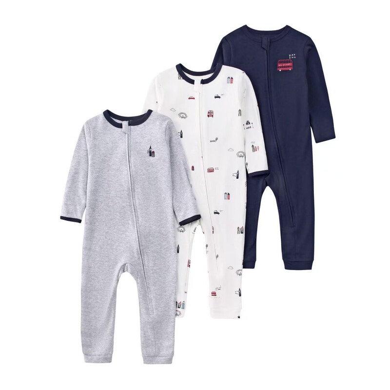 Three-Piece Set of Foreign Trade Baby Zipper Jumpsuits, Spring and Autumn Long-Sleeve Rompers, Pure Cotton Base Layer Pajamas with Hand Covers
