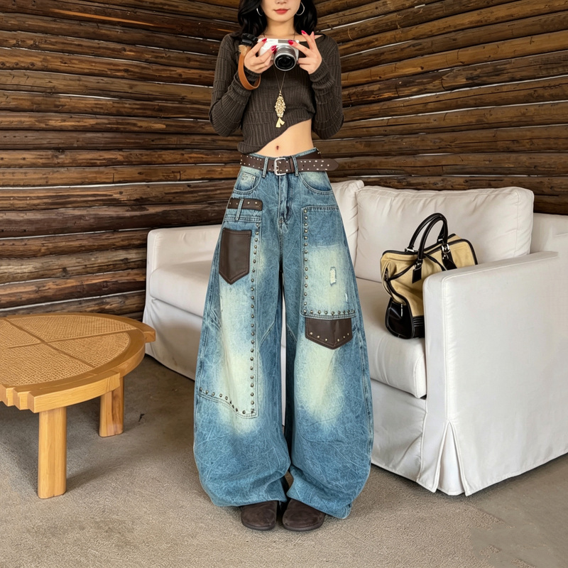 69992 American Retro High-Waisted Patchwork Leather Scimitar Jeans 2026 Autumn New Loose Slimming Casual Long Pants