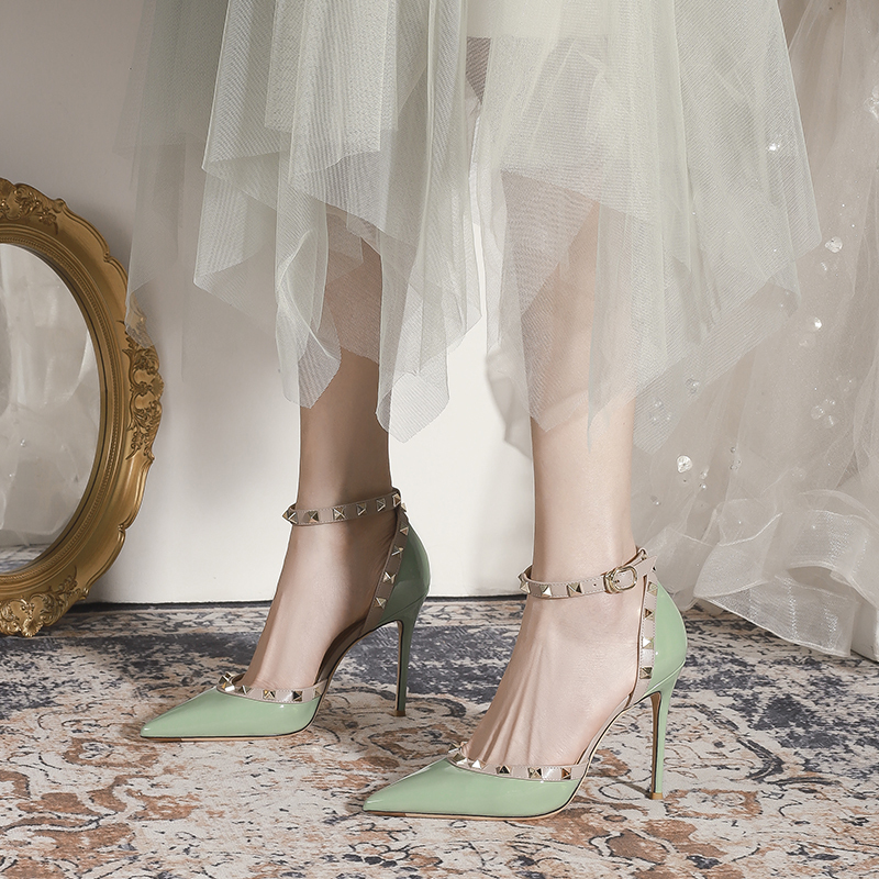 Genuine Leather Studded High Heels for Women, Stiletto Heel, 2026 New Summer Green Pointed Toe Stunning One-Strap Closed-Toe Sandals