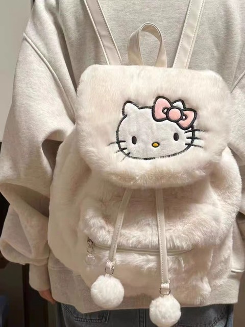 HelloKitty秋冬毛绒翻盖双肩包2023新款奶呼呼大容量百搭毛毛背包