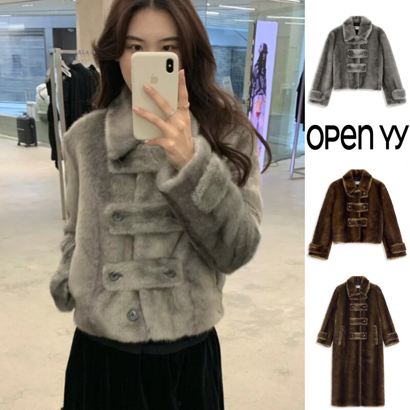 Korean Genuine Openyy New Eco-Friendly Faux Fur Lapel Short Coat Double-Breasted Long Coat for Women
