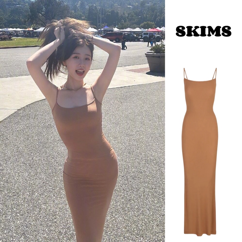 Authentic American Skims Yu Shuxin Style Pure Camel-Colored Inner Dress Slim-Fit Camisole Bodycon Long Dress for Women