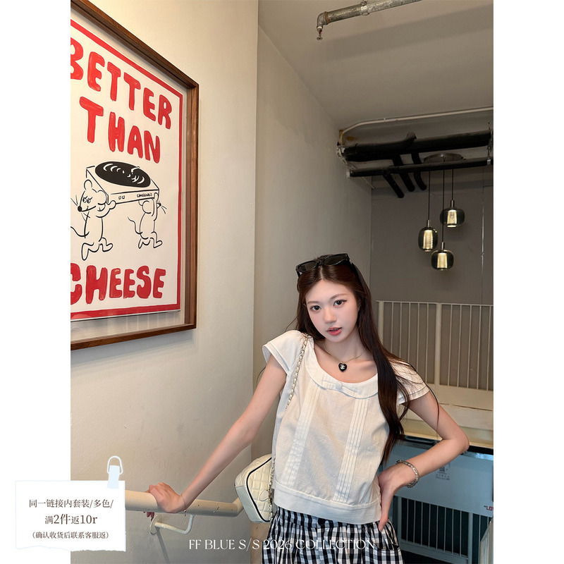 Ff Blue after the Rain Daisy Breathable Cotton and Linen Summer Versatile Doll Collar Shirt Plaid Skirt Cute Set