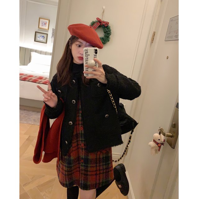 FFBLUE Berry Waffle Festive Atmosphere New Year New Year Red Plaid Tank Top Sweet and Cute Woolen Dress