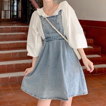 Fan Squad Summer one-word collar age-reducing cute dress navy collar high waist denim suspender skirt Korean student girl