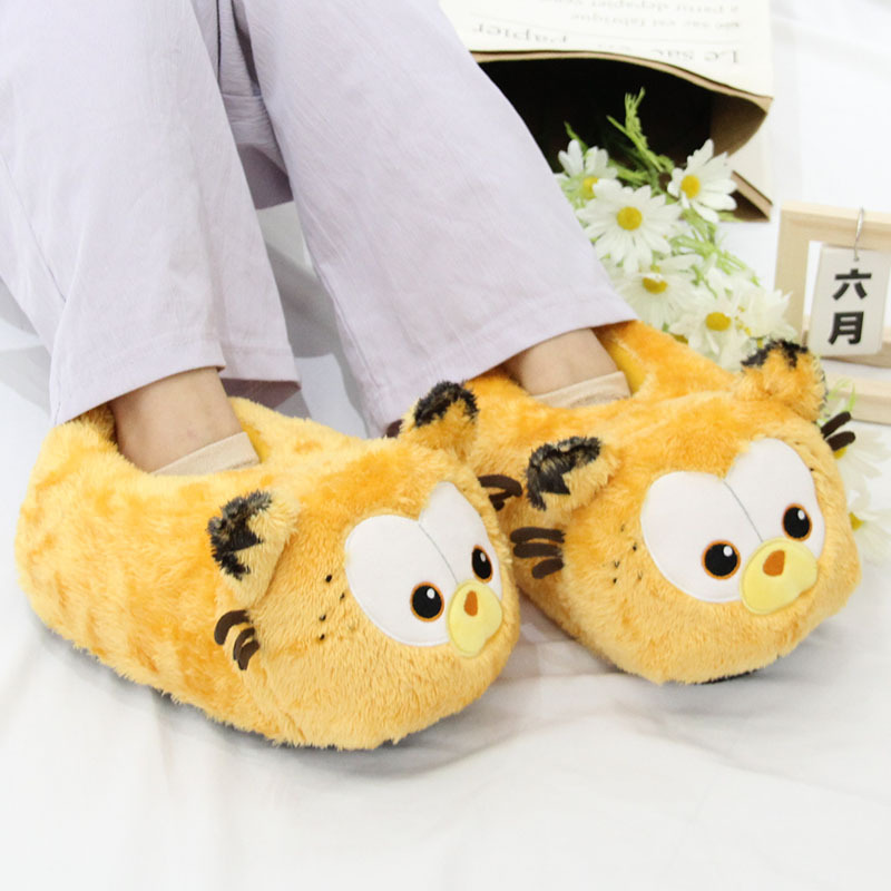 Cartoon Cute Coffee Cat Garfield Plush Home Slippers Winter Warm Cat Girl Closed-Back Thick-Soled Cotton Slippers