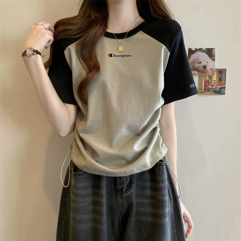 Japanese Version Champion Short-Sleeve T-Shirt for Women 2026 New Summer Design Niche Waist-Cinching Drawstring Slimming Top
