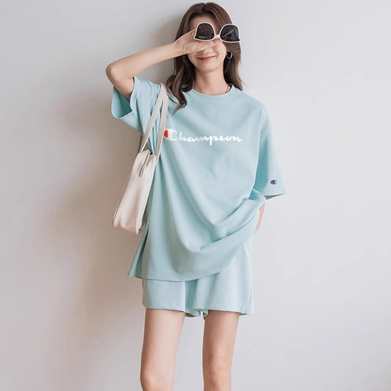 Japanese Version Champion Casual Sports Suit for Women, Summer Loose Pure Cotton Printed Short-Sleeve T-Shirt and Shorts Couple Two-Piece Set Japanese Version Champion Casual Sports Suit for Women, Summer Loose Pure Cotton Printed Short-Sleeve T-Shirt and Shorts Couple Two-Piece Set