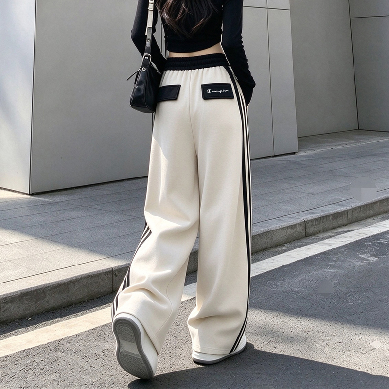 Japanese Style Champion Color-Block Fleece-Lined Thick Striped Sweatpants for Women, Autumn and Winter Drapey Casual Pants, Loose Straight-Leg Wide-Leg Pants
