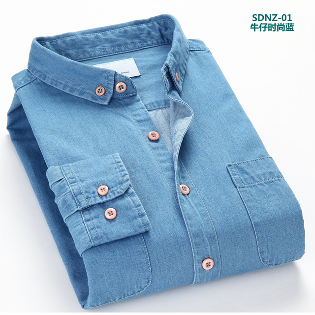 Spring and autumn new trendy men's pure cotton denim long-sleeved shirt small collar shirt simple double pocket men's denim shirt