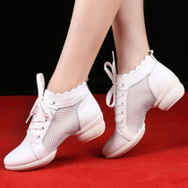 Square dance boots women leather dance shoes full cowhide dance boots short boots high white dance shoes soft bottom hollow Hollow