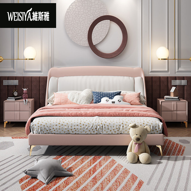 Light Extravagant Child Bed Girl Princess Bed Modern Minima Solid Wood Single Pink Small Family Furniture Girl Genuine Leather Bed