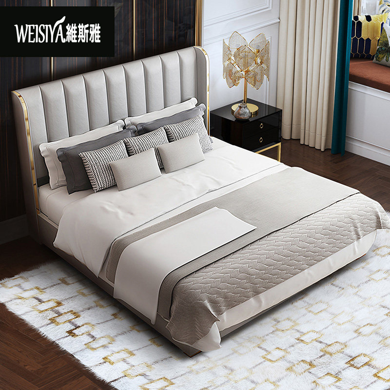 Light luxury first layer cowhide double leather bed modern minimalist master bedroom size apartment Nordic wedding bed 1 8 m m leather mattress