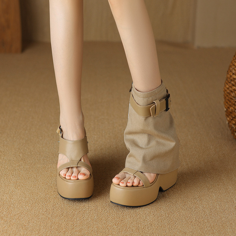 Women's Summer New Short Boots with 12cm Height Increase, Thick-Soled Wedge High Heels, Platform Genuine Leather Roman Sandals