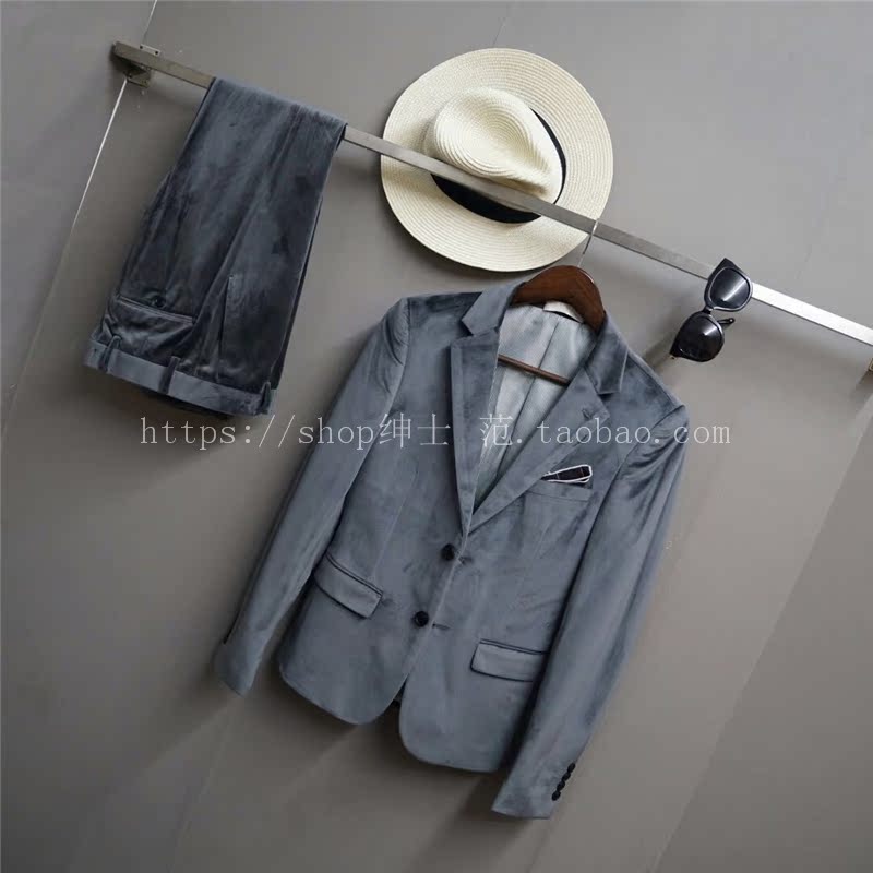 Quạt quý ông 2018 Thu Đông New England Fashion Gold Velvet Fabric Men Hàn Quốc Slim Cuba Cổ áo phù hợp quần đũi nam