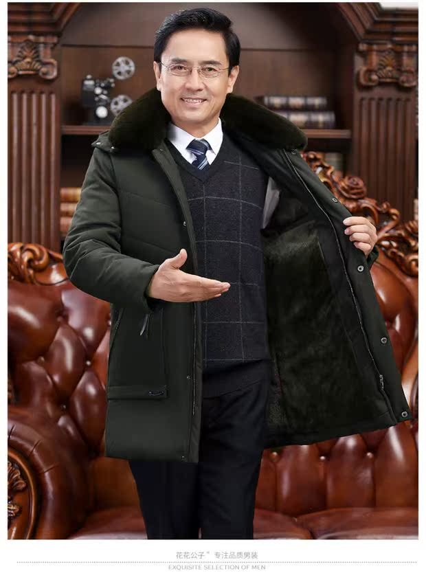 Áo khoác lông cho nam trung niên mùa đông Áo khoác cotton cũ cộng với nhung dày lông cổ áo cha tải áo khoác cotton áo phao lông vũ
