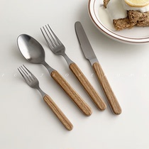 FCMJ imitation wood grain handle cake fork stainless steel knife fork spoon noodle fork breakfast spoon Korean rice spoon steak knife