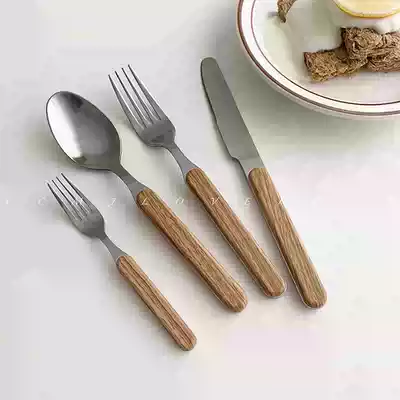 FCMJ imitation wood grain handle cake fork stainless steel knife fork spoon noodle fork breakfast spoon Korean rice spoon steak knife