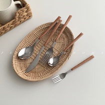 FCMJ Japanese and Korean ins imitation wood grain handle stainless steel knife and fork spoon tableware dessert spoon Fork noodle fork Japanese soup spoon