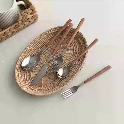 FCMJ Japan and South Korea ins imitation wood grain handle stainless steel knife, fork, spoon tableware dessert spoon fork Pasta fork Japanese soup spoon