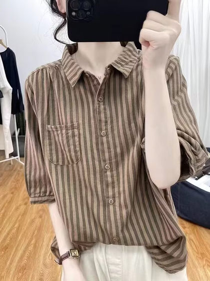 文艺复古宽松纯棉短袖衬衫女夏季时尚减龄polo领条纹五分袖上衣潮