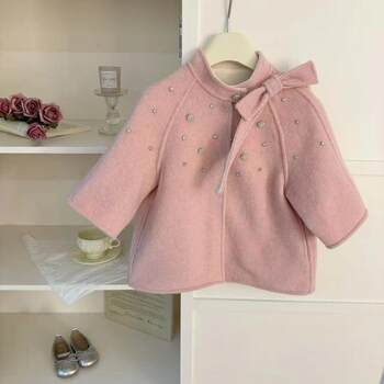 2026 winter outfit ceiling! girls pink woolen coat stand collar bow handmade drilled woolen coat trendy