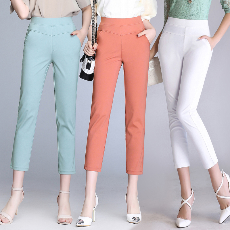 Summer Thin Cropped Pants for Women, High-Waisted, Slimming, Casual Pants, Stretchy Eight-Point Pants, Skinny Pants, Thin Long Pants for Middle-Aged Mothers