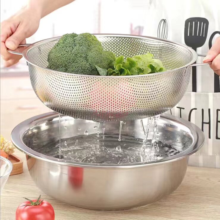 Filter stainless steel vegetable washing basin thickened leaking basin round rice washing basin washing vegetable basket washing rice water basket draining basin large size - Taobao
