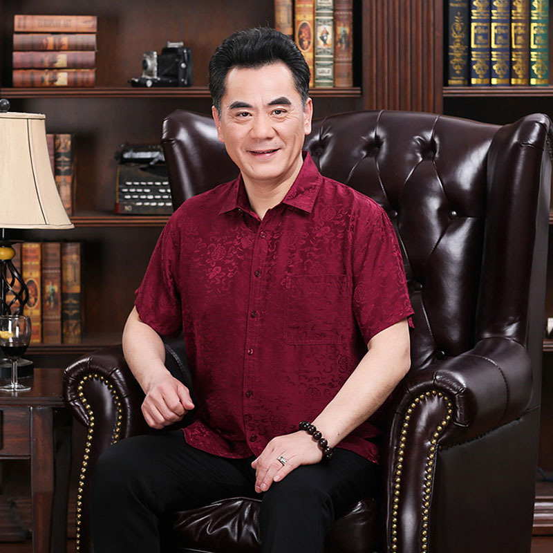 Hangzhou Silk Short-Sleeved Silk Summer Shirt for Middle-Aged and Elderly Men, Loose-Fitting Mulberry Silk Top, Wedding Banquet Outfit, Father's Shirt