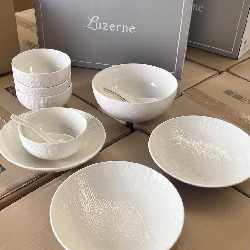 Luzerne Pearl White Linen Texture Light Luxury Japanese Minimalist Ceramic Tableware Bowls Plates Fish Plates Soup Bowls