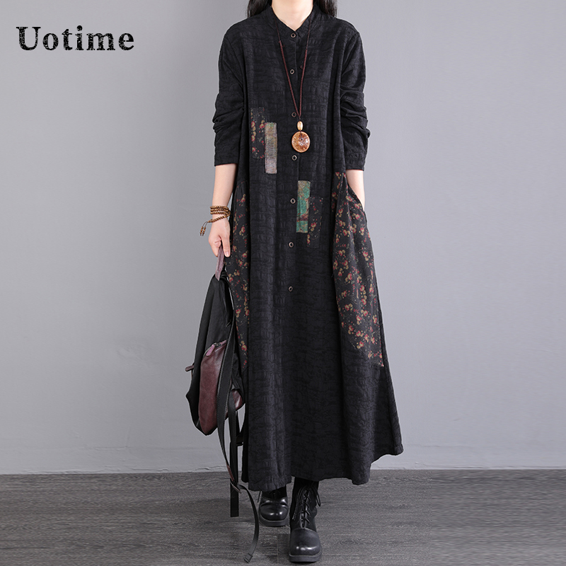 Autumn Style Unique and Super Pretty Dress for Women, High-End Ethnic Style, Long, Plus Size, Loose, Elegant Dress with Floral Patchwork
