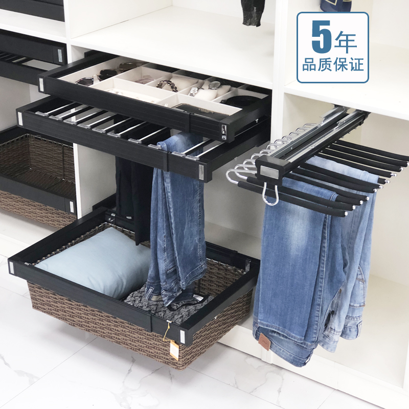 Wardrobe pull basket cloakroom accessories lattice frame push-pull storage basket rattan basket telescopic trouser frame damping rail black