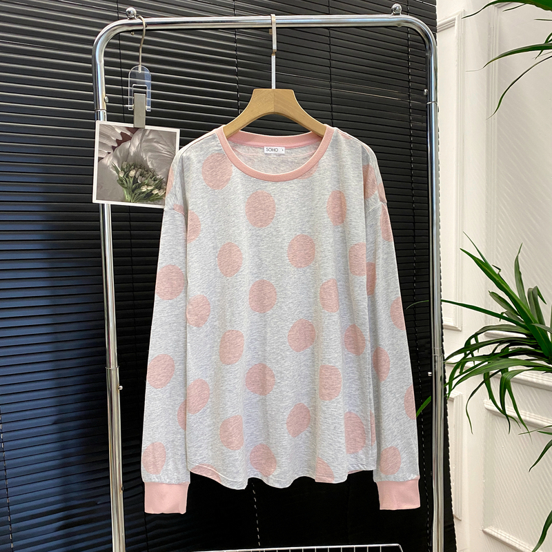 Spring and Autumn Cotton Long-Sleeve Cuffed Round-Neck Pullover Women's Polka Dot Pajama Top Loungewear Autumn Clothes Plus Size for Chubby Women Spring and Autumn Cotton Long-Sleeve Cuffed Round-Neck Pullover Women's Polka Dot Pajama Top Loungewear Autumn Clothes Plus Size for Chubby Women