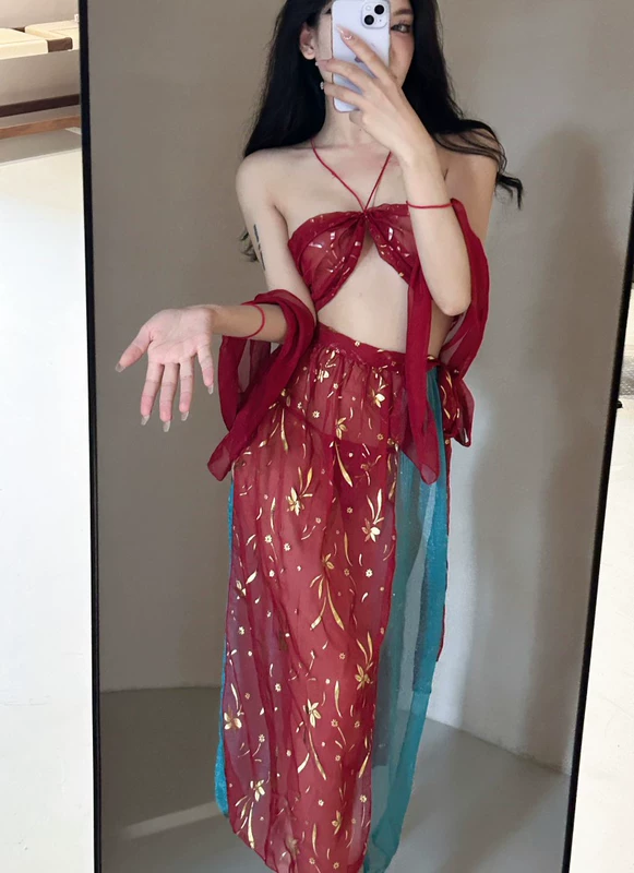 Đồ chơi cosplay retro phong cách Trung Hoa Hanfu màu đỏ gợi cảm Halterneck treo hở lưng Bộ đồ ngủ trong suốt váy phù hợp với